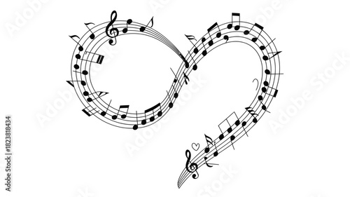 Musical notes forming a heart shape vector illustration for music lovers isolated on white background