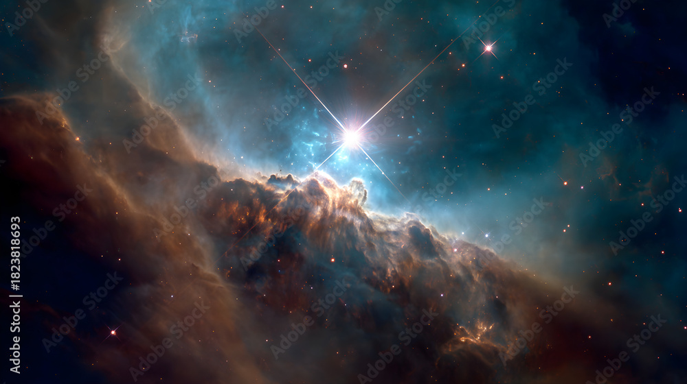 Obraz premium Shining star illuminating cosmic dust nebula in deep space