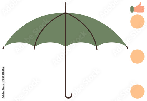 Open green umbrella with a hook handle, accompanied by a thumbs-up and two circular icons symbolizing approval and options. Ideal for weather, protection, choice, approval, coverage, insurance