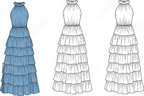 Tiered ruffle halter maxi dress vector template showcasing front and back technical flats with layered skirt, gathered waist, and detailed illustration.v
