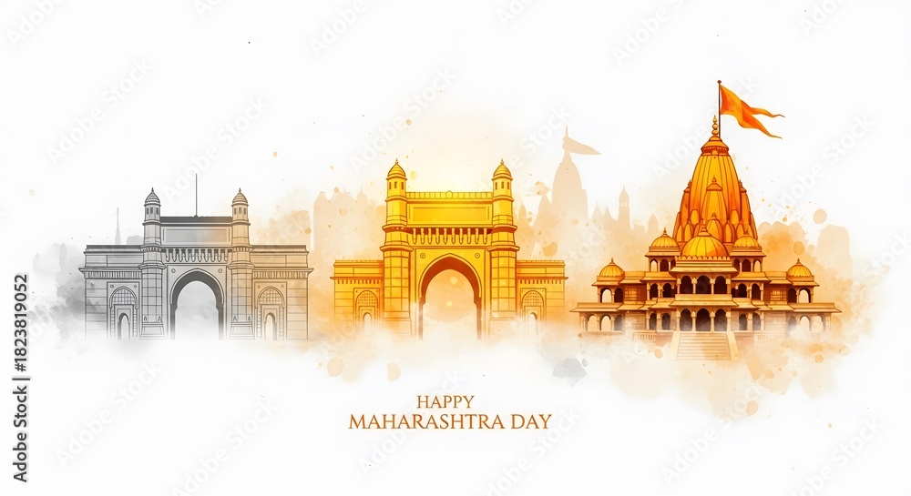 Naklejka premium Celebrating maharashtra day with iconic landmarks isolated on white background, showcasing the states rich culture and heritage in a vibrant design