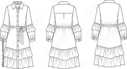 Tiered ruffle sleeve shirt dress fashion flat sketch with belted waist, button front design, technical garment illustration for apparel designers