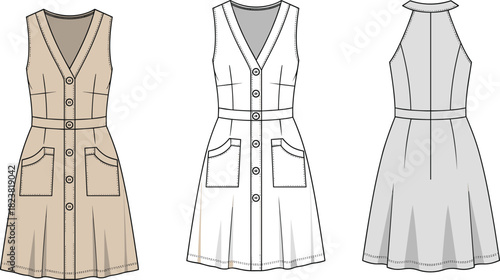 Vector illustration of sleeveless button-front summer dress with V-neckline, patch pockets, fitted waist and flared skirt shown in technical fashion flats.