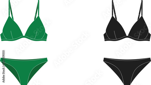 Vector illustration of women’s bikini sets in green and black colors, stylish swimwear design templates for fashion, apparel, and clothing catalogs.