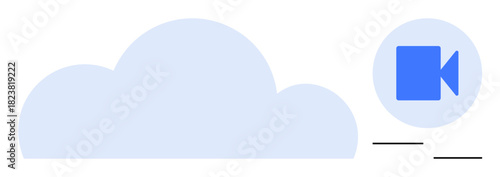 Large cloud icon and blue video camera icon connected with lines. Ideal for cloud storage, video streaming, remote access, collaboration, online sharing, digital media, simple flat metaphor