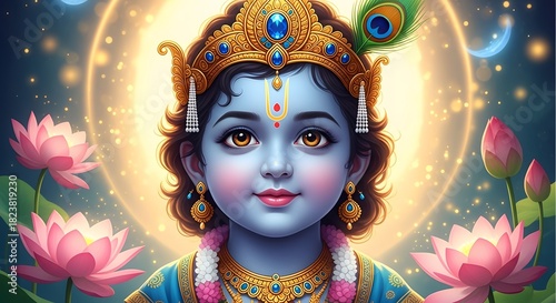 A captivating portrait of lord krishna as a child, adorned with a golden crown and peacock feather, set against a luminous, ethereal backdrop