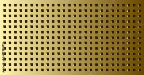 Golden metallic pegboard background with small square holes and soft gradient lighting, creating a modern industrial texture suitable for product displays, mockups, and contemporary design projects.