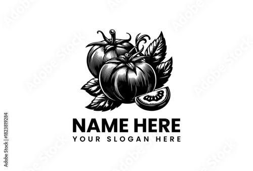 Black and white vector logo illustration of fresh ripe tomatoes with lush leaves, perfect for organic food brands, farm-to-table restaurants, or healthy produce markets