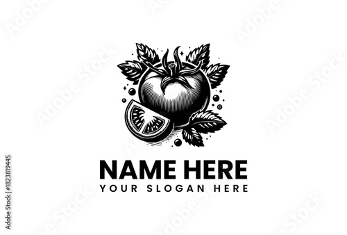 Vintage style 48.eps tomato food vector logo illustration with fresh botanical elements and engraved details, perfect for organic products