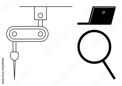 Robotic arm performing precision work with accompanying magnifying glass and laptop. Ideal for technology, automation, innovation, research, data analysis, quality control, and modern industry