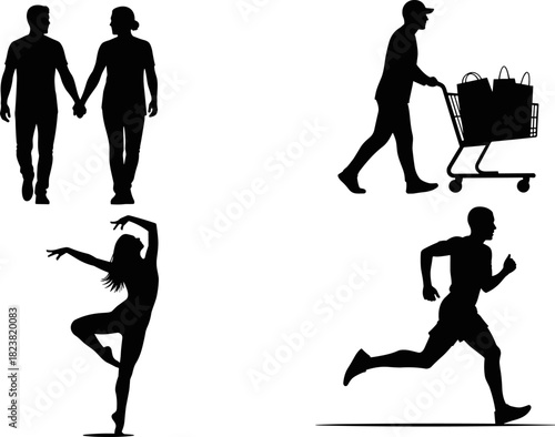 Silhouette illustration of walking, shopping, dancing, and running activities, black and white vector, lifestyle and motion concept, expressive human poses