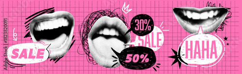 Set of collage mouth with speech bubbles. Concept of sale. Scribble and halftone effect. With irregular stars and pink checkered bg. Fun and bold vector illustration in popart trendy collage style.