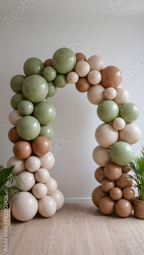 Arch of balloons with matte texture in muted earth tones, modern organic styling