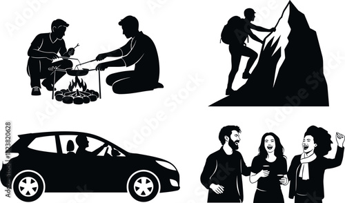 Silhouette illustration of camping, climbing, road trip, and celebration scenes, black and white vector, outdoor lifestyle, travel and social activity