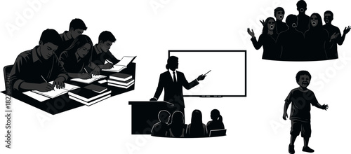 Silhouette illustration of classroom, teacher, group singing, and child observing, black and white concept art showing education and social interaction