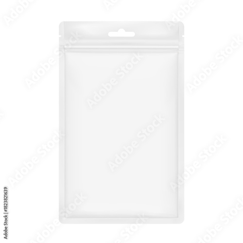 Sachet mockup with zip lock and tear notch. Hyper realistic. Vector illustration isolated on white background. Flat lay view. Packaging for cosmetic, food, pet. Ready for your design. EPS10.