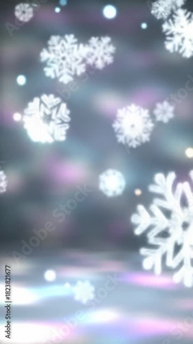 Crystalline snowflakes, iridescent particles gently fall, drift against ethereal icy blue, lavender, silver gradient with bokeh, shallow depth of field, modern winter holiday concept