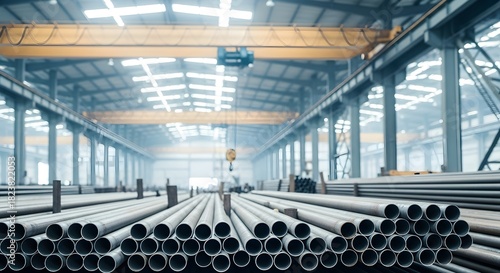 Industrial Factory Warehouse Interior with Stacked Metal Pipes and Overhead Crane