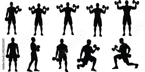 Dumbbell exercise silhouette set, strength training poses, standing, lunging, pressing, black on white, fitness icon