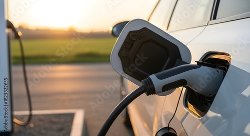 Electric Car Charging At Station During Sunset Near Rural Road