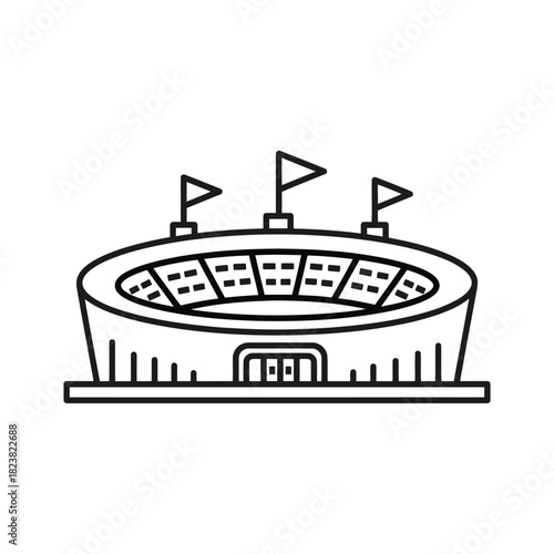 Outline illustration of a large sports stadium with flags on top, ready for a major event or game