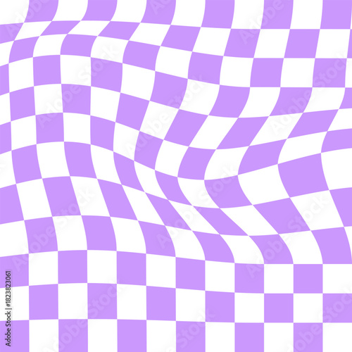 Distorted chessboard background in 2yk style. Visual chequered illusion. Dizzy psychedelic pattern with warped purple and white squares. Trippy checkerboard surface. Vector flat illustration