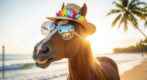 Horse on beach wearing sunglasses and hat with flowers
