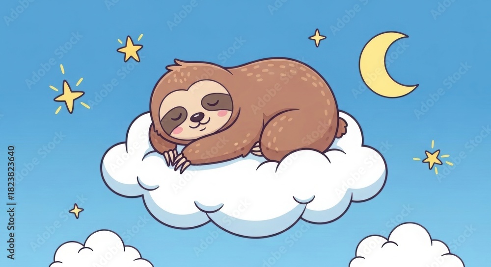 Fototapeta premium Cute sloth sleeping on a cloud with stars and moon