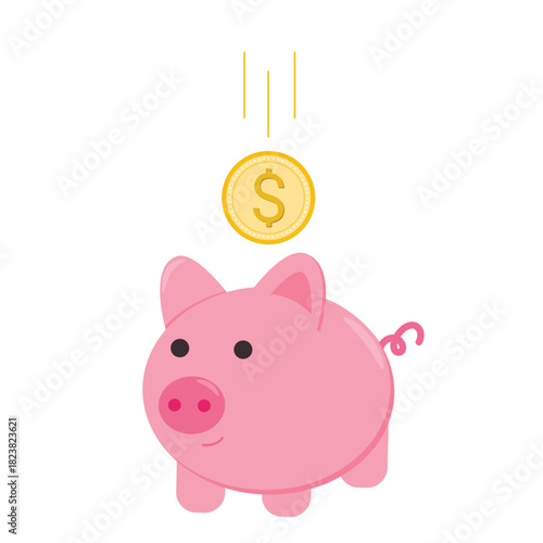 Cute piggy bank with gold coin on white background. Concepts for saving money, investing and smart consumption. Gold dollar coin flying into the bank. Clip art, vector graphics