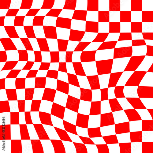 The concept of a red distorted chessboard. Abstract 3D illusion. Vector illustration.