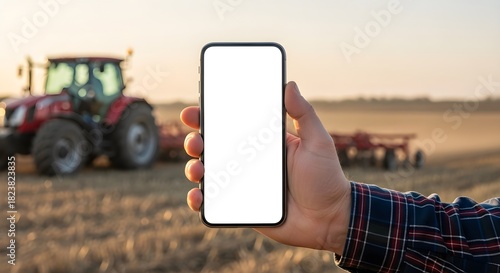 Farmer Displaying Mobile Phone with Tractor in Field for Agricultural Technology