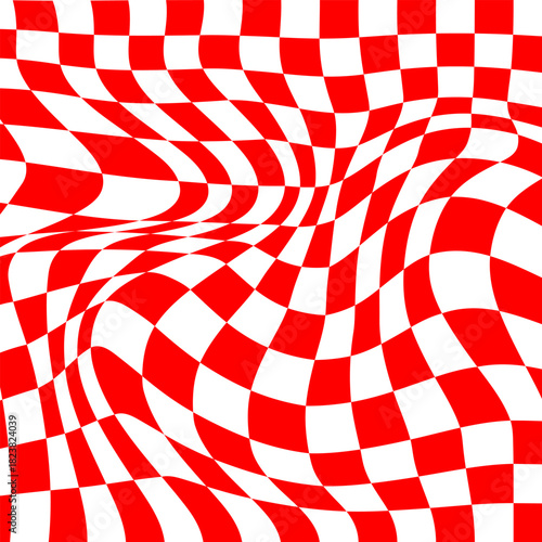 The concept of a red distorted chessboard. Abstract 3D illusion. Vector illustration.