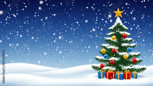 A decorated evergreen tree with a star atop, sits in a snowy landscape under falling snowflakes. Gifts are below