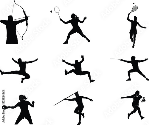 Collection of sport silhouettes archery badminton volleyball and more