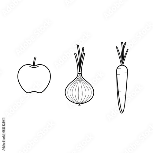 Outlined fruits and vegetable illustration for healthy eating and design