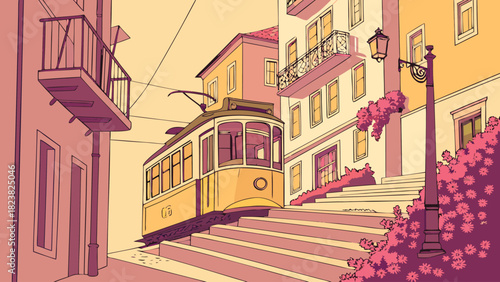 Charming yellow tram ascends a steep cobblestone street lined with historic buildings