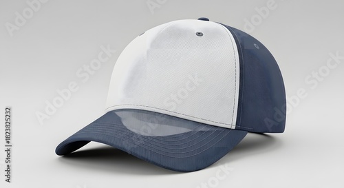 Realistic 3d rendering of a twotone baseball cap with a white front panel and dark blue mesh sides and brim, isolated on white background