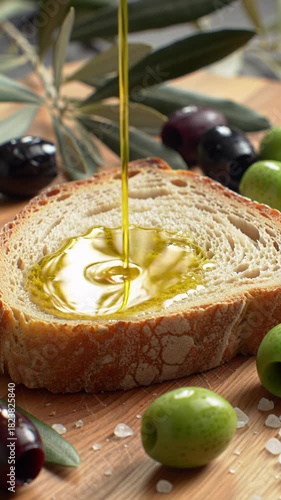 Golden extra virgin olive oil pours onto rustic sourdough bread, with Kalamata & Halkidiki olives, sea salt, olive branches on wood. High-end Mediterranean food concept.