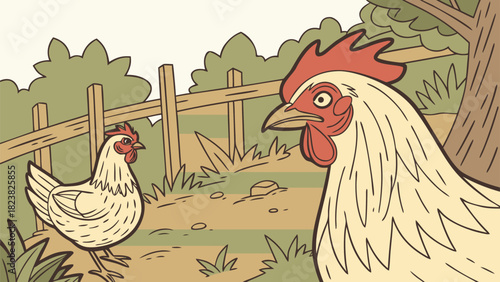 Rooster and hen in a rustic farmyard scene