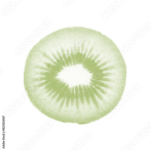 Halftone illustration of a kiwi slice in soft green tones. Minimal fruity design symbolizing freshness, tropical flavor, vitamins and healthy nutrition.