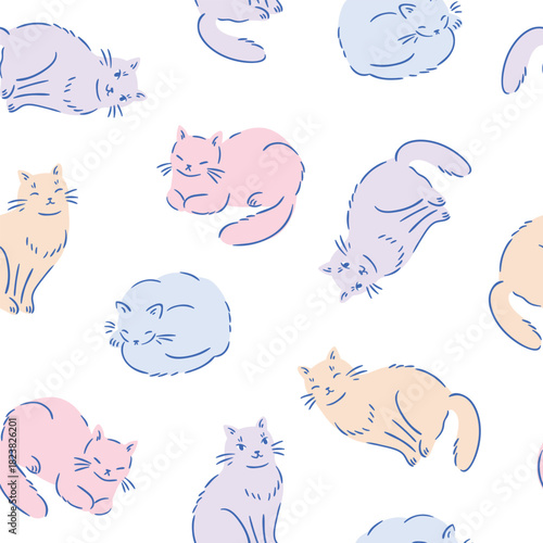 Vector funny cat seamless pattern. Hand drawn stylish dream repeat design. Animal seamless print with cats in light pastel colors. Cute bedding fabric design or wallpaper for nursery