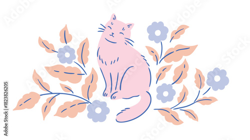 Vector illustration. Cute cat in floral branches. Stylish delicate cat print design or greeting card.