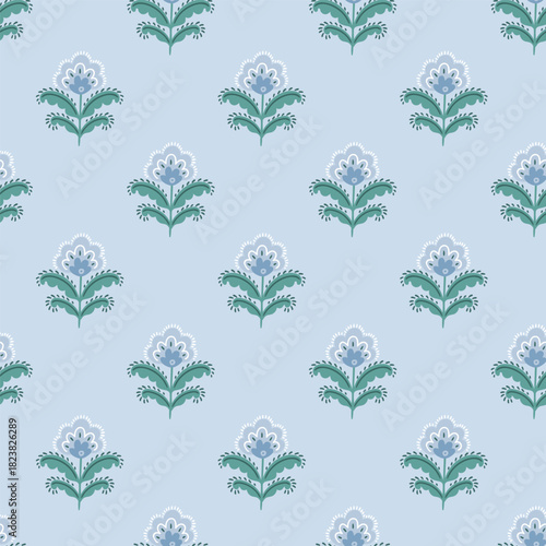 vector hand drawn idian floral seamless pattern in blue colors. flower retro elements isolated on blue background. Traditional handprinting pattern design for fabric or wallpaper.