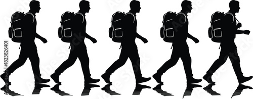 Walking motion silhouette sequence, person with backpack, stride progression, black on white, gait study icon