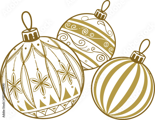 Luxury gold Christmas baubles with metallic shine and glitter sparkle, isolated on transparent background, HD quality, smooth and professional 3D vector illustration, flawless and unique appearance.