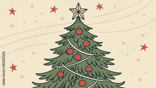 Festive hand drawn christmas tree with ornaments and star topper