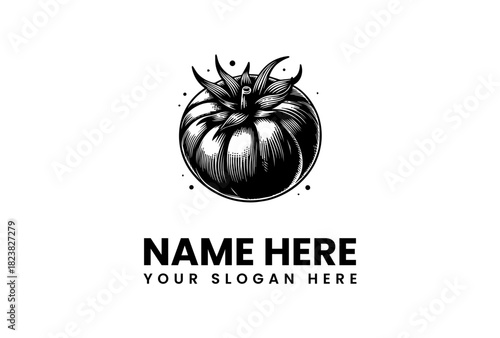 Stylized tomato vector logo illustration for fresh food branding. Detailed hand-drawn organic vegetable emblem artwork in monochrome sketch style