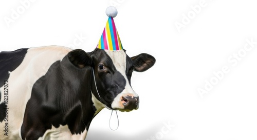 Cow wearing party hat isolated on white background