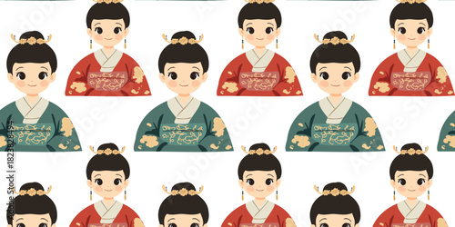 decorative seamless pattern of chinese female illustrations
