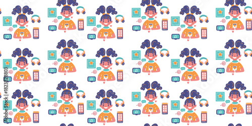 seamless pattern with child using gadgets